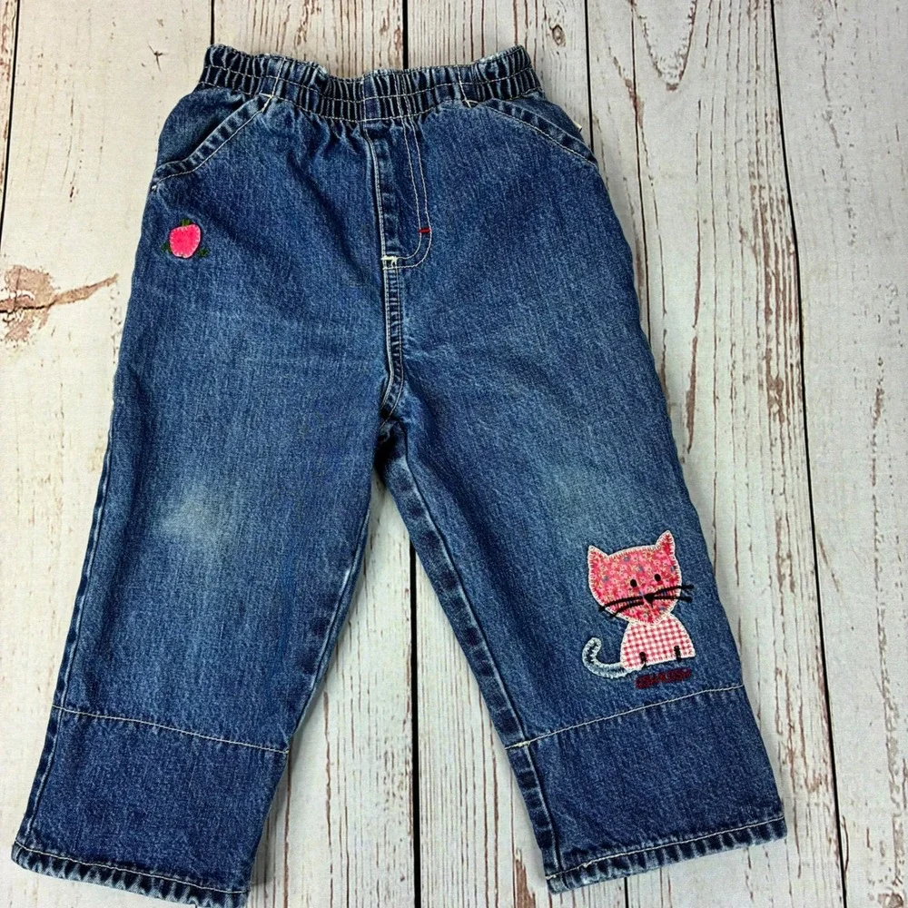 OshKosh Bgosh Kids Blue Denim Jeans Pink Floral Cat Embroidery Size 5 2T 3T